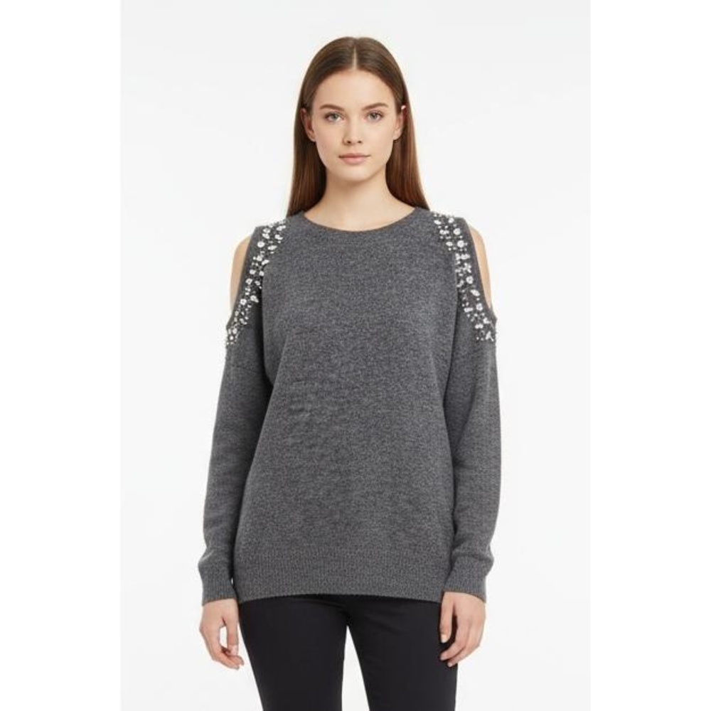 INC Intl Concepts Heather Grey Embellished Cold Shoulder Sweater Medium